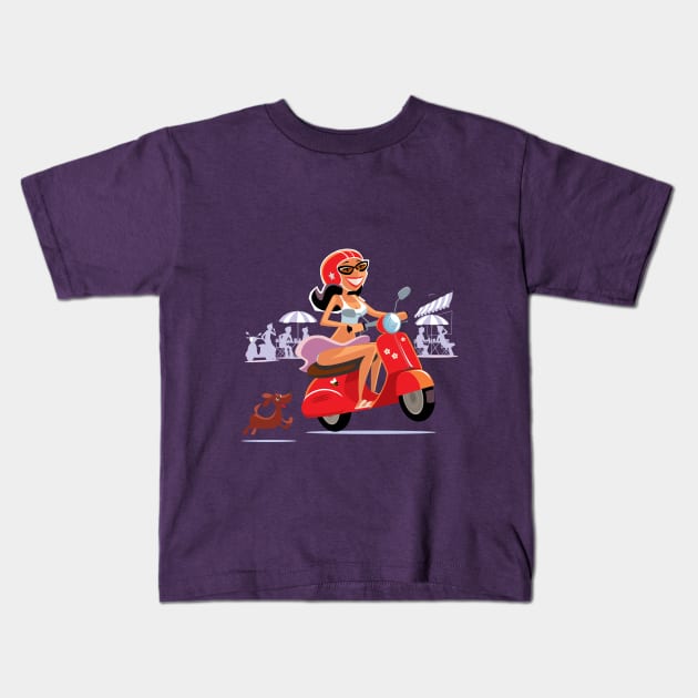 Vespa Girl in St Tropez Kids T-Shirt by Charlie Adam Design Shop